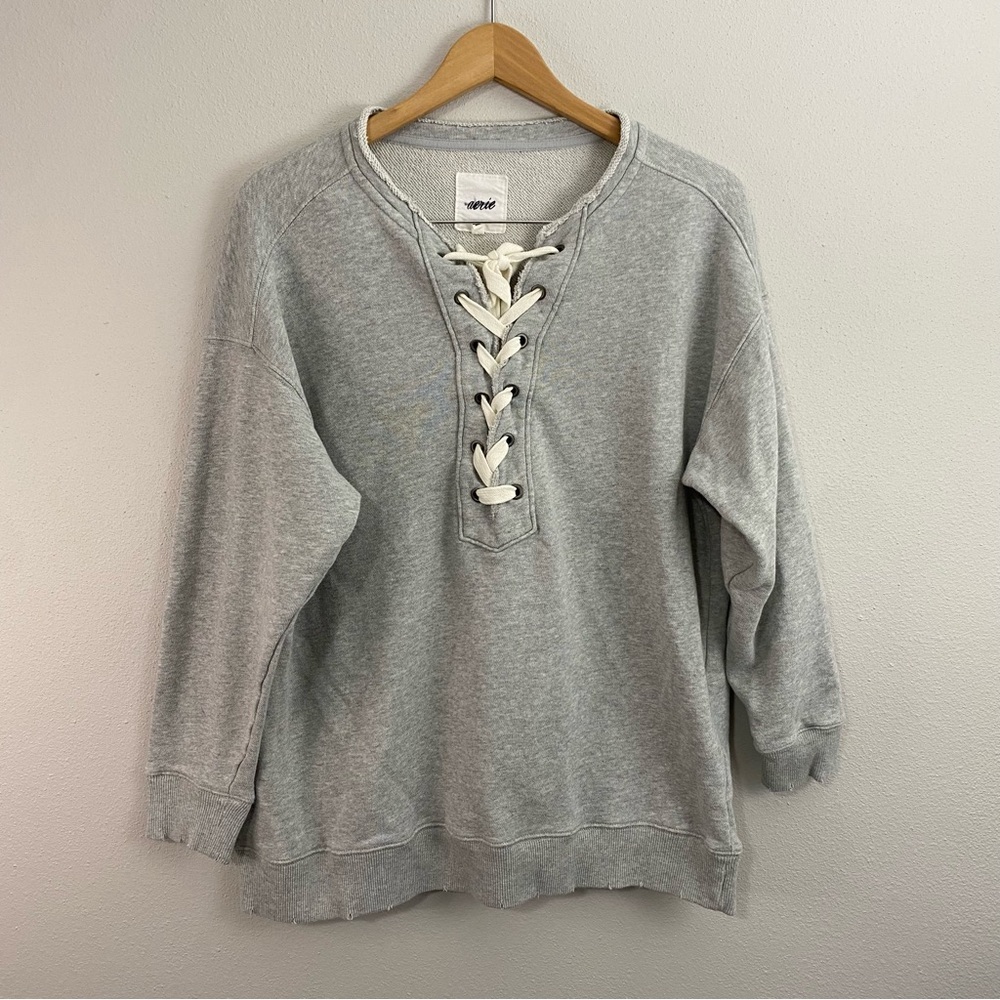 Aerie Lace Up Oversized Crewneck Sweatshirt Grey Pullover Women’s Small